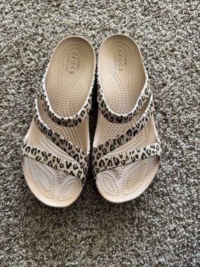 CROCS Triple-Strap Sandals with Leopard Print - Beige and Black